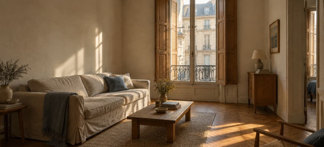 Séjour d’un deux-pièces : canapé de lin, table basse en bois et fenêtre à volets ouverte sur la rue