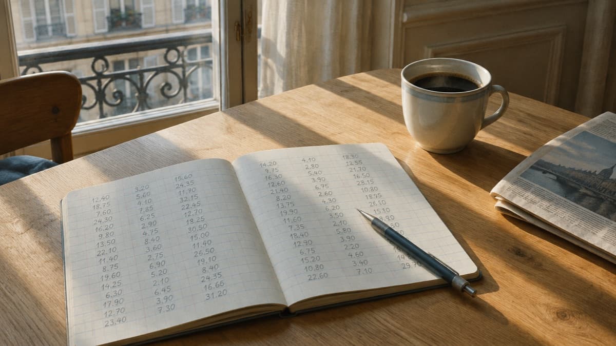 Un cahier ouvert couvert de colonnes de chiffres manuscrits, posé sur une table de bois près d’une fenêtre, une tasse à côté