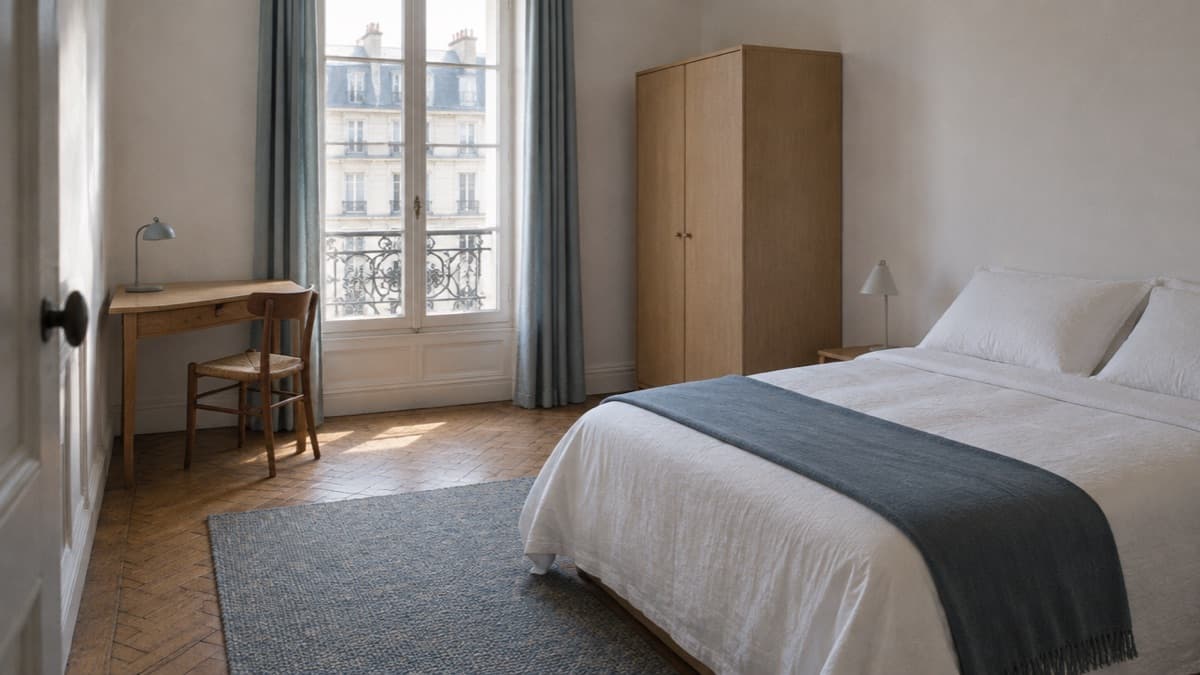 Chambre meublée mise en location : lit fait, petit bureau sous la fenêtre, armoire et tapis sur un parquet usé
