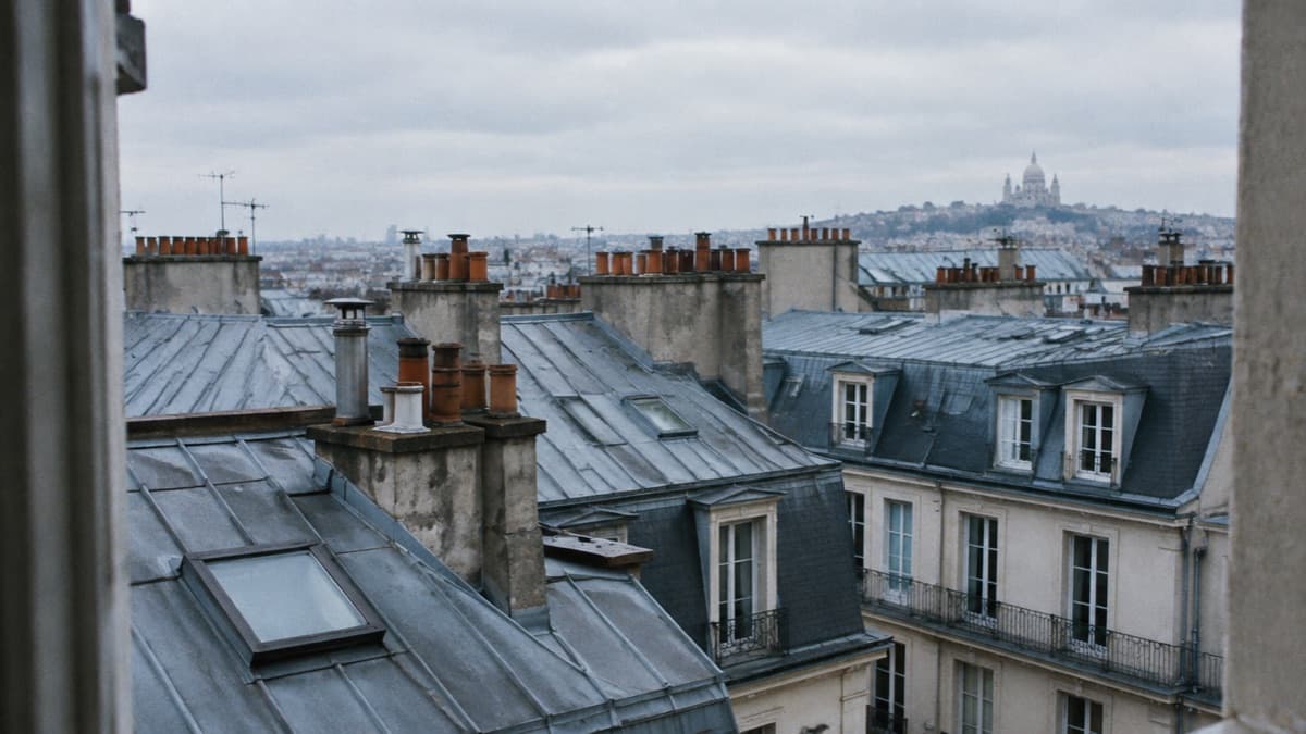 Toits de zinc d’une ville française vus d’une fenêtre haute, souches de cheminées en terre cuite et verrières