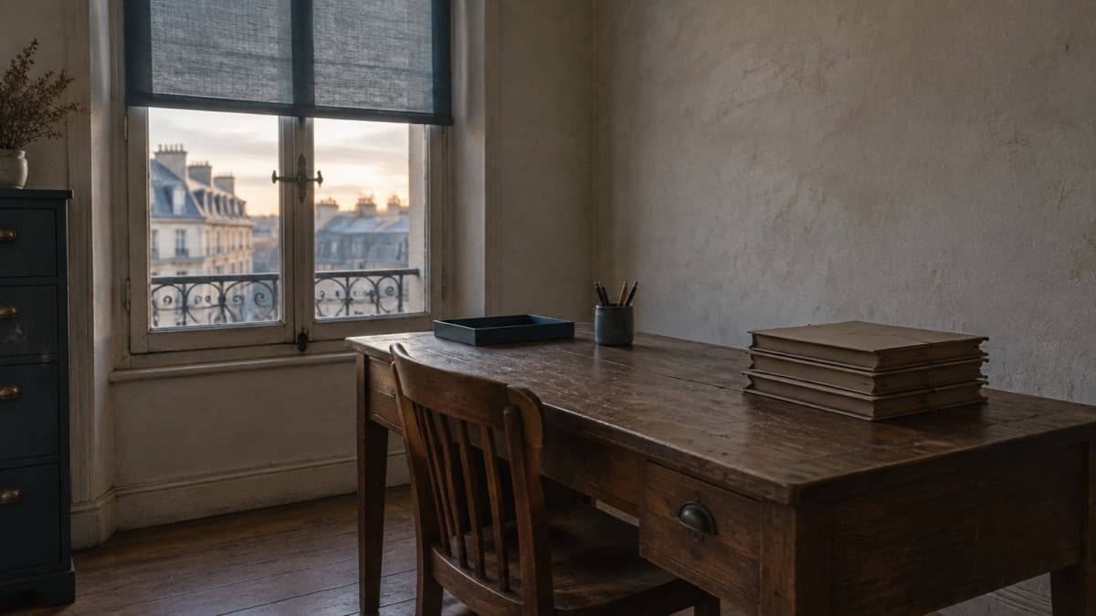 Petit bureau professionnel dans un immeuble ancien : table de bois usée, pile de dossiers fermés, chaise vide et fenêtre à store baissé