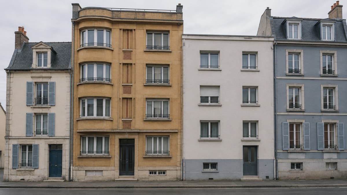 Une rangée d’immeubles mitoyens de hauteurs, d’époques et de couleurs différentes le long d’une même rue