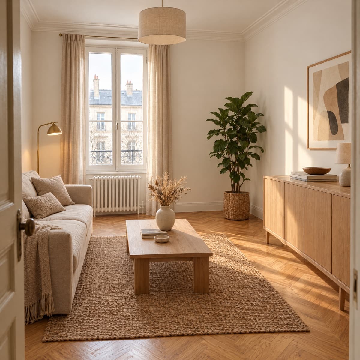 Image de synthèse : la même pièce refaite et meublée, même fenêtre et même parquet, murs blancs, canapé de lin, tapis, lampe et plante