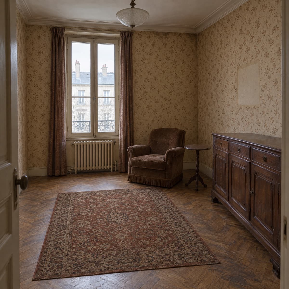 Image de synthèse : séjour ancien à rafraîchir, papier peint beige défraîchi, fauteuil en velours, buffet sombre, tapis usé, une fenêtre à gauche