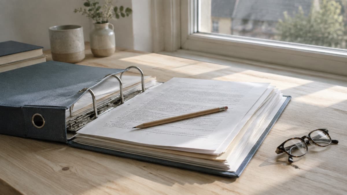 Un classeur ouvert de documents dactylographiés sur une table de bois près d’une fenêtre, un crayon posé en travers et des lunettes de lecture