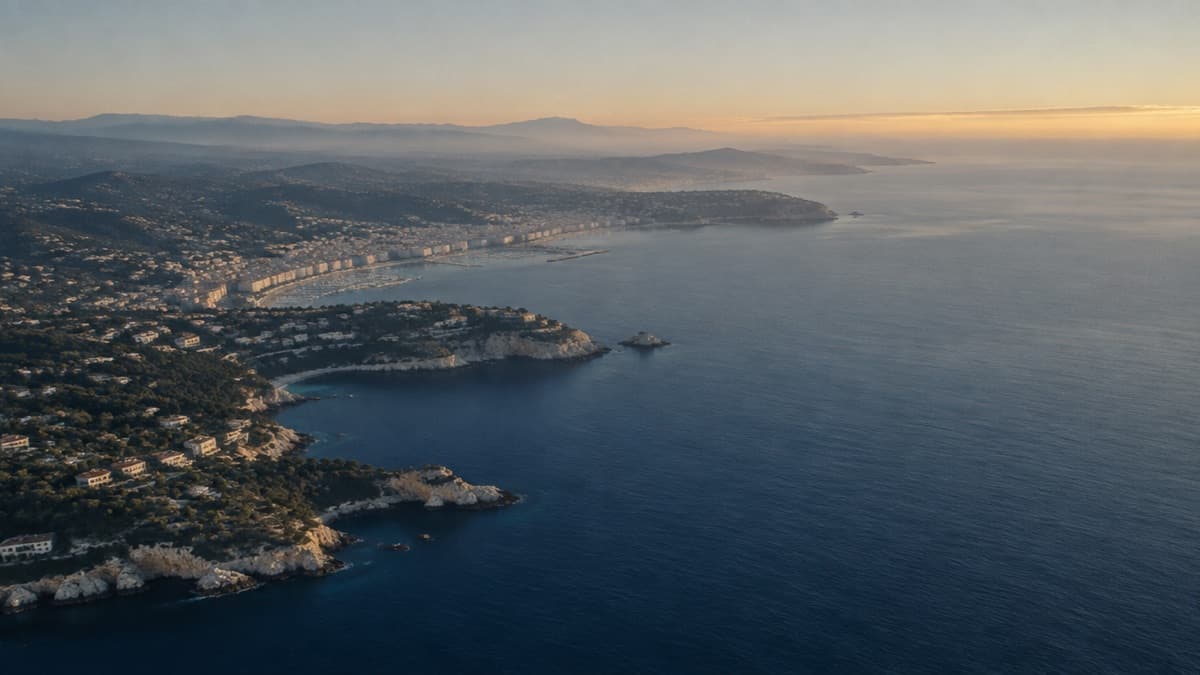 Le littoral méditerranéen vu d’avion à l’aube, une ville étalée le long du rivage et des caps dans la brume